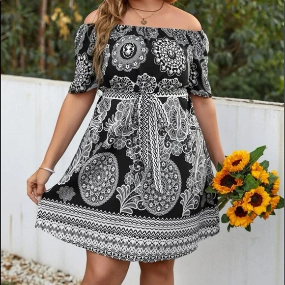 Boho Plus Size Chevron Mandala Floral Print off Shoulder Belted Dress - Picture 3 of 6